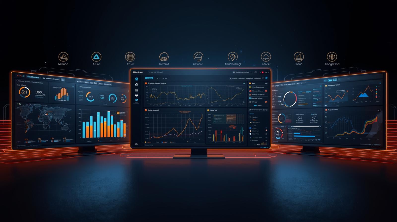 Three monitors displaying complex data dashboards with charts and graphs.
